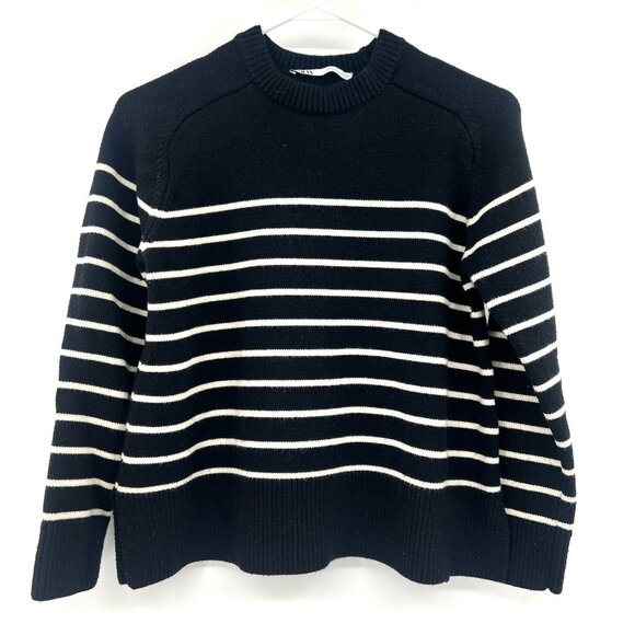 Zara Black Ivory Striped Roundneck Sweater Women's Small - Picture 1 of 4